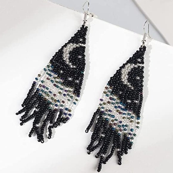 Black Crescent Moon Night Long 4" Earrings Handmade Beaded Oversized Bohemian - Picture 2 of 4